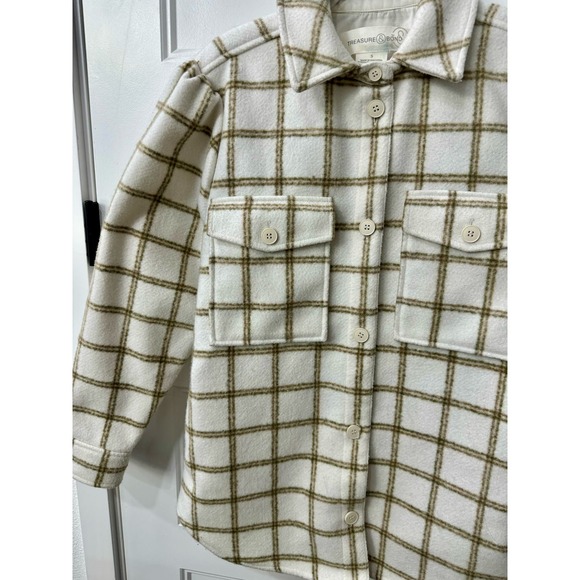 Treasure & Bond Plaid Puff Sleeve Shirt Jacket Ivory Plaid Button Up MSRP $129 - Picture 4 of 11